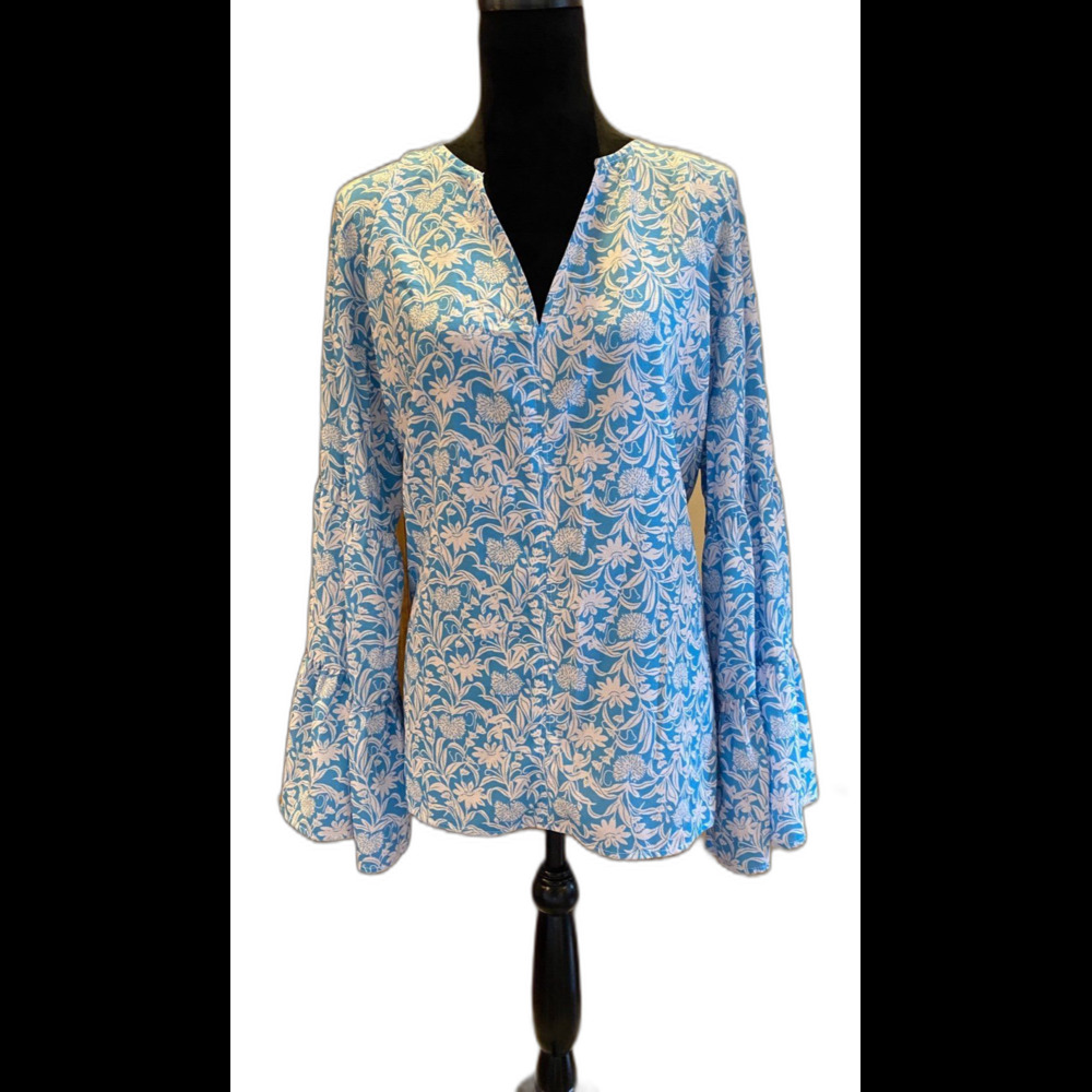 Womens Blouse Plus Size XL Blue Flowy Boho Peasant Bell Sleeve Casual Feminine
